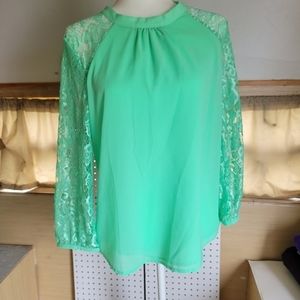 Lulumari size L womens green tie back shirt lace sleeves bl…